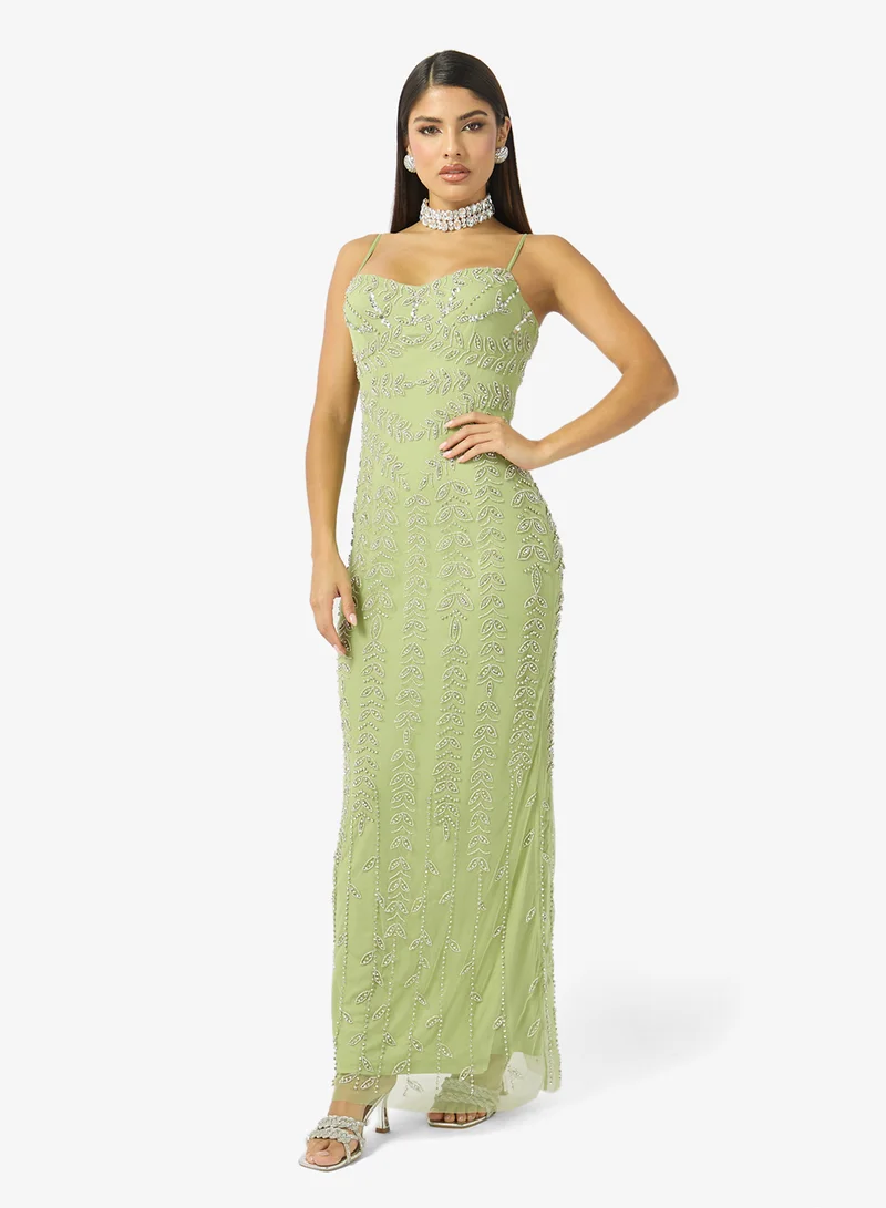 Plunge Neck Bead Embellished Evening Gown