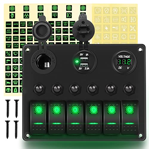 GOOACC لوحة مفاتيح تشغيل وإيقاف GOOACC 6 Gang مع إضاءة خلفية خضراء، فولت ميتر رقمي 12V 24V، شاحن USB مزدوج 3.1A، مقبس ولاعة سجائر مع حماية من الحمل الزائد، ضمان لمدة سنتين - Image 1