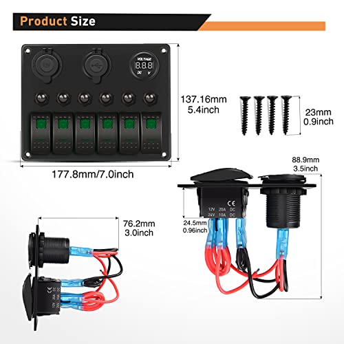 GOOACC لوحة مفاتيح تشغيل وإيقاف GOOACC 6 Gang مع إضاءة خلفية خضراء، فولت ميتر رقمي 12V 24V، شاحن USB مزدوج 3.1A، مقبس ولاعة سجائر مع حماية من الحمل الزائد، ضمان لمدة سنتين - Image 3