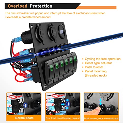 GOOACC لوحة مفاتيح تشغيل وإيقاف GOOACC 6 Gang مع إضاءة خلفية خضراء، فولت ميتر رقمي 12V 24V، شاحن USB مزدوج 3.1A، مقبس ولاعة سجائر مع حماية من الحمل الزائد، ضمان لمدة سنتين - Image 5