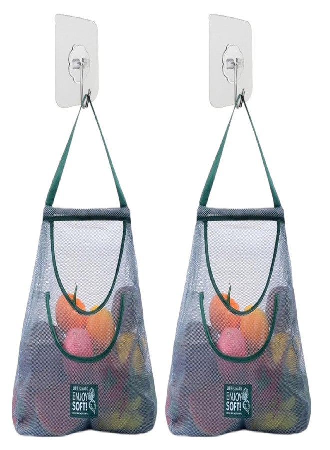 Bigining™ Hanging Storage Mesh Bags 2pc Wall Hanging Fruit Basket for Vegetable Storage for Garlics, Potatoes, Onions with 2PCS Wall Hooks for Kitchen Bathroom pack of -2 Vegetable beg,2pcs hook - Image 1