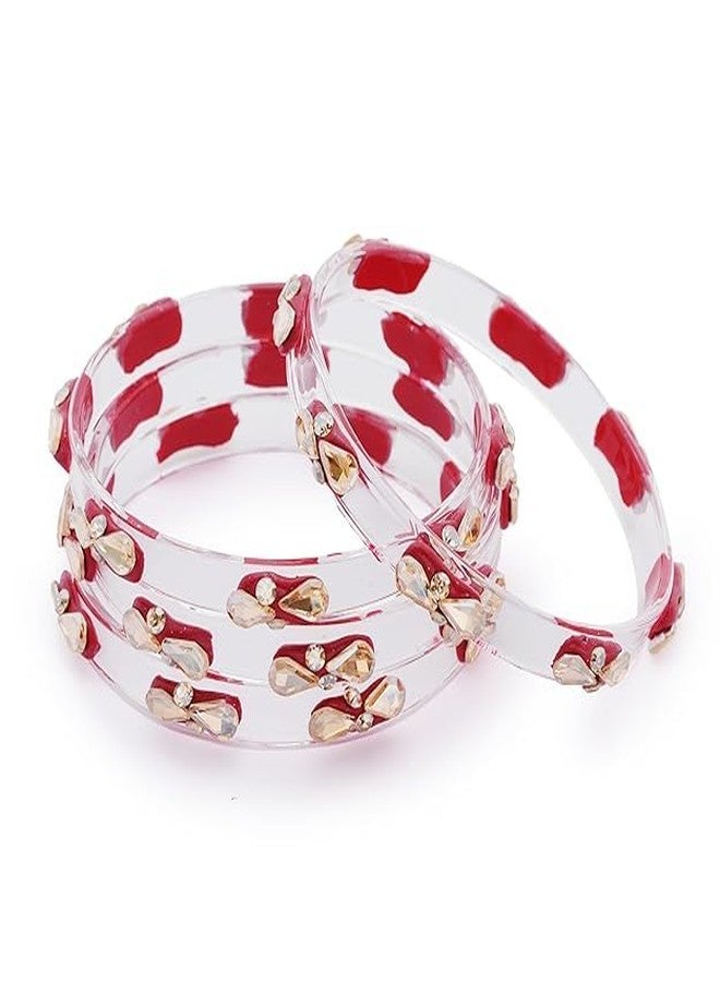 BANGLESKART مجموعة أساور كادا من زجاج كريستالي شفاف من بانغلسكارت للنساء والفتيات، مزينة بأحجار الزركون الذهبية، وأساور كادا زجاجية عرقية للفتيات والنساء، مناسبة للحفلات، مجموعة من 4 قطع باللون الأحمر - Image 1