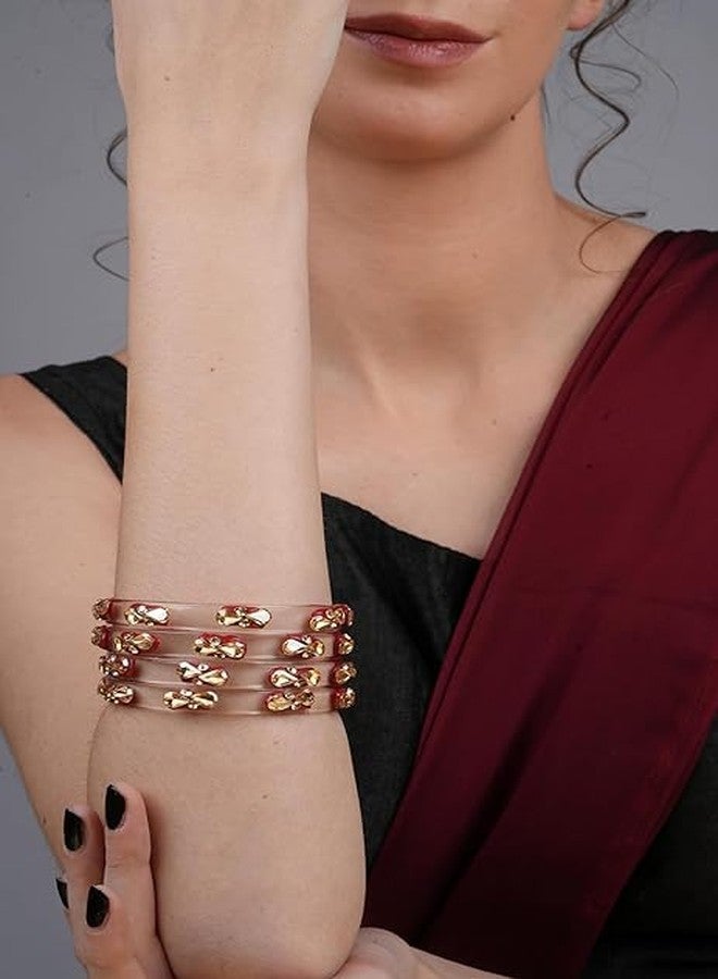 BANGLESKART مجموعة أساور كادا من زجاج كريستالي شفاف من بانغلسكارت للنساء والفتيات، مزينة بأحجار الزركون الذهبية، وأساور كادا زجاجية عرقية للفتيات والنساء، مناسبة للحفلات، مجموعة من 4 قطع باللون الأحمر - Image 3