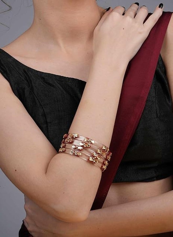 BANGLESKART مجموعة أساور كادا من زجاج كريستالي شفاف من بانغلسكارت للنساء والفتيات، مزينة بأحجار الزركون الذهبية، وأساور كادا زجاجية عرقية للفتيات والنساء، مناسبة للحفلات، مجموعة من 4 قطع باللون الأحمر - Image 4