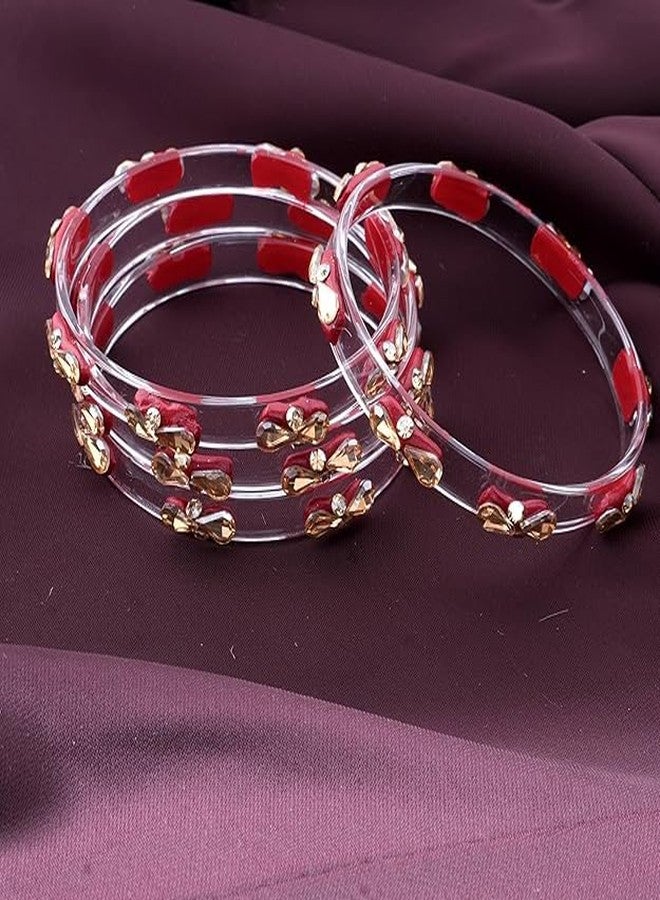 BANGLESKART مجموعة أساور كادا من زجاج كريستالي شفاف من بانغلسكارت للنساء والفتيات، مزينة بأحجار الزركون الذهبية، وأساور كادا زجاجية عرقية للفتيات والنساء، مناسبة للحفلات، مجموعة من 4 قطع باللون الأحمر - Image 5