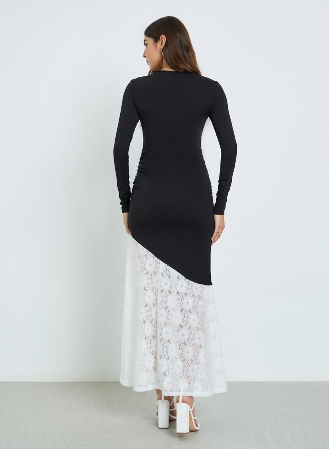 Styli Lace Hem Long Sleeves A-Line Maxi Dress - Image 5