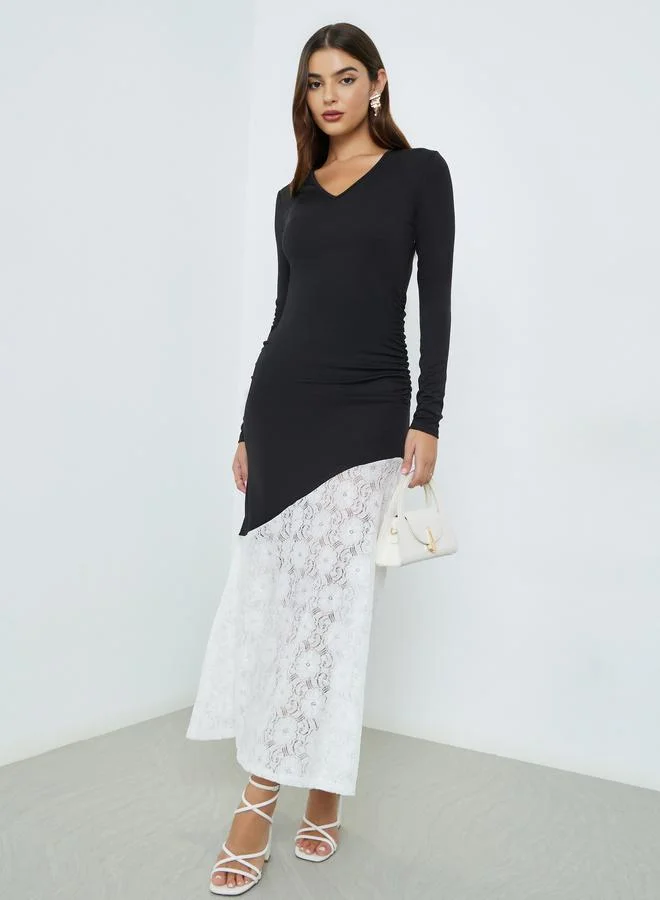 Lace Hem Long Sleeves A-Line Maxi Dress