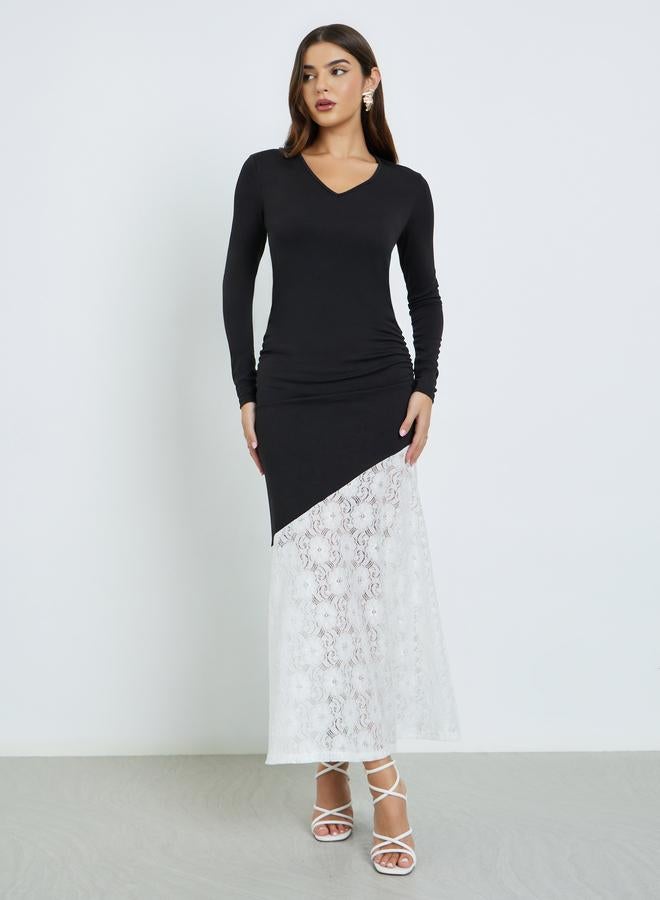 Styli Lace Hem Long Sleeves A-Line Maxi Dress - Image 2