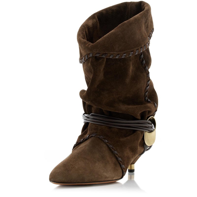 Fuazuzu Slouchy Boots for Women 2025 Ruched Mid Calf Kitten Heel Boots with Pointed Toe Pull On Boots, Brown 9 - Image 1