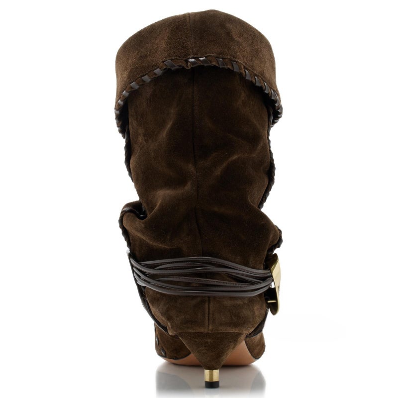 Fuazuzu Slouchy Boots for Women 2025 Ruched Mid Calf Kitten Heel Boots with Pointed Toe Pull On Boots, Brown 9 - Image 5