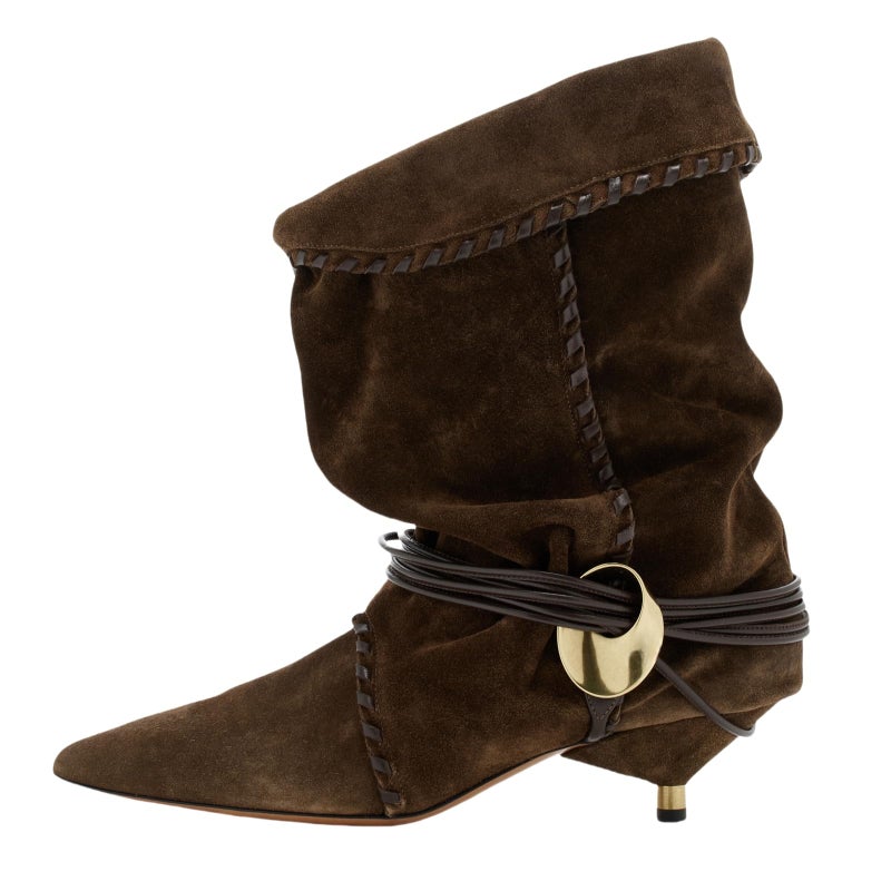 Fuazuzu Slouchy Boots for Women 2025 Ruched Mid Calf Kitten Heel Boots with Pointed Toe Pull On Boots, Brown 9 - Image 3