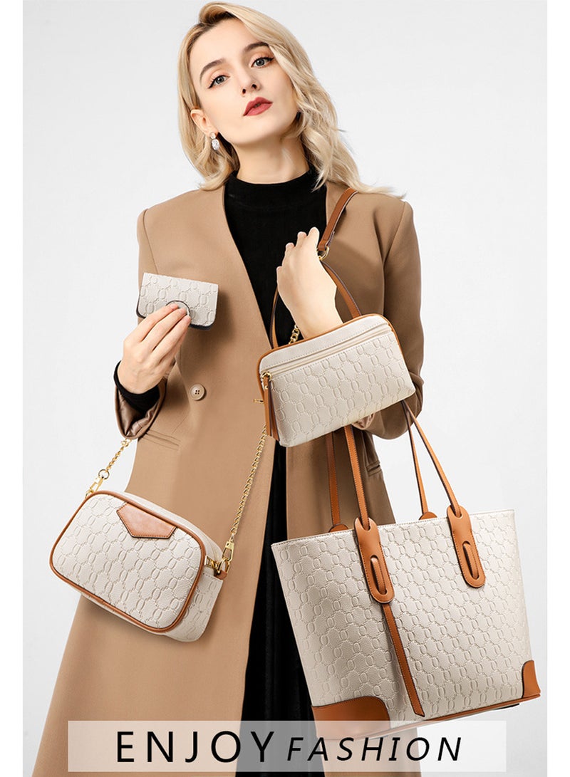Moovant 4-Piece Women's Tote Bag Set, Large Capacity Shoulder Bag, Fashion PU Leather Handbag, Leisure Versatile Commuting Bag Set, Beige  - Image 2