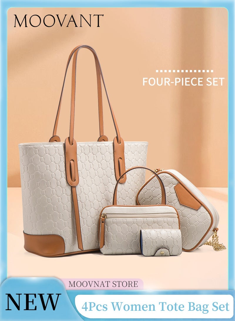 Moovant 4-Piece Women's Tote Bag Set, Large Capacity Shoulder Bag, Fashion PU Leather Handbag, Leisure Versatile Commuting Bag Set, Beige  - Image 1