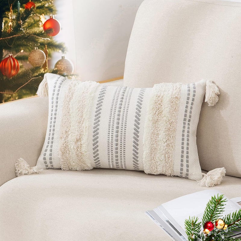 decorUhome decorUhome Decorative Boho Throw Pillow Covers 12x20  Lumbar Accent Neutral Tufted Pillow Covers for Couch Bed Sofa  Textured Striped Woven Pillow Covers  Beige and Cream White  Pack of 1 - Image 1