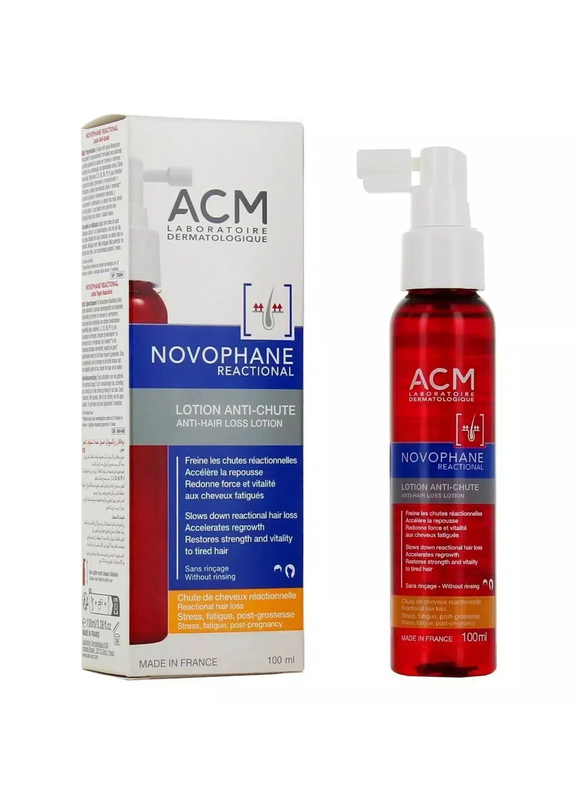 ACM Novofan Anti-Hair Loss Lotion 100ml stimulates hair growth and strengthens follicles from the roots, reducing hair loss. Original product.
