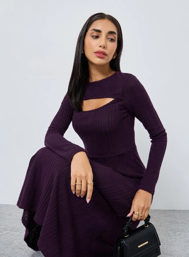 Styli Purple Ribbed Knit Midi Dress with Cutout