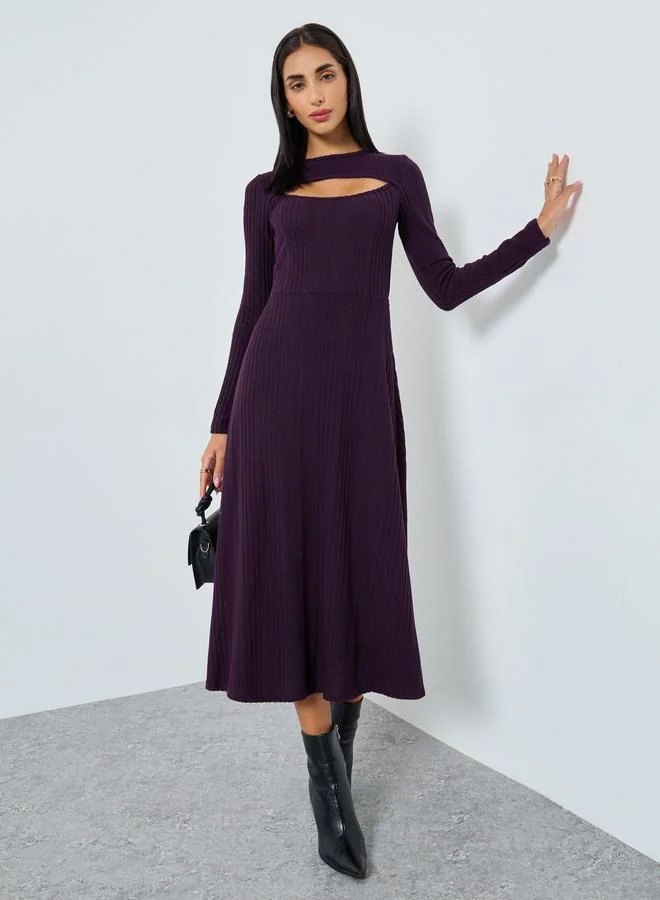 Styli Purple Ribbed Knit Midi Dress with Cutout