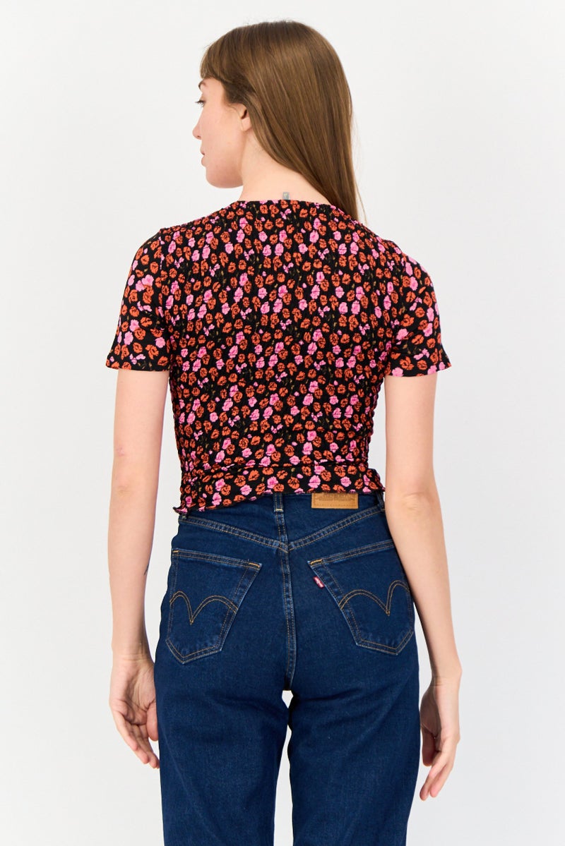 ONLY بلوزة قصيرة الأكمام مزخرفة بطبعة زهور للنساء، متعددة الألوان - Image 2