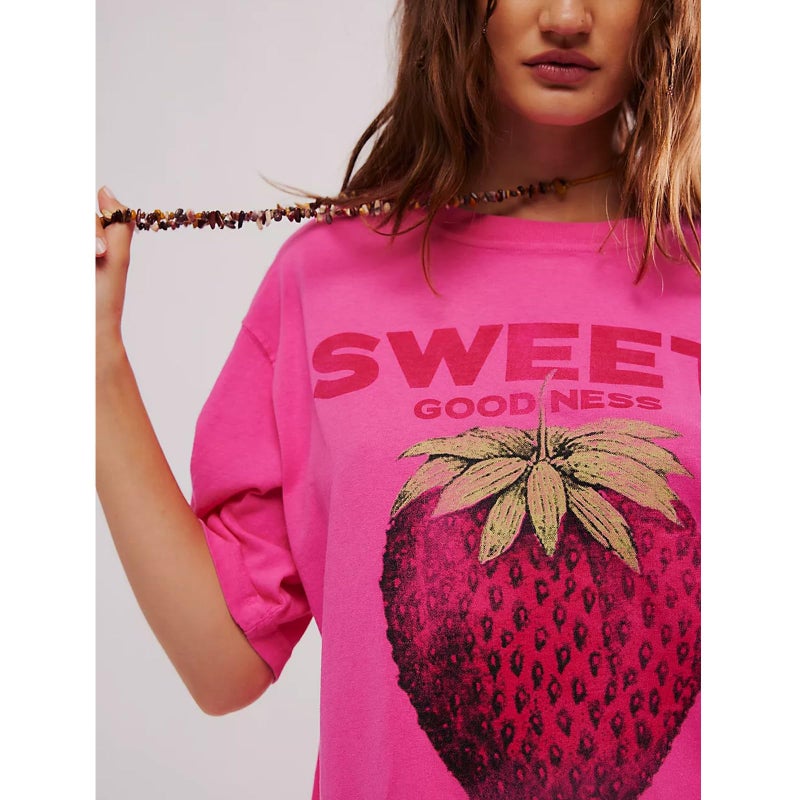 KOSUSANILL Women Cute Graphic Oversized Tees Fish Lobster Sea Floral Fruit Printed Y2K Baggy T Shirts Teen Girls Preppy Coastal Clothes Vintage Aesthetic Free People Dup ES Clothes Strawberry Pink Red - Image 3