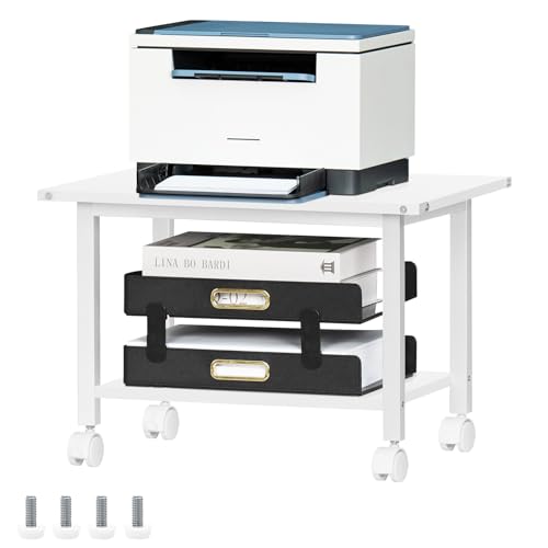 Lerliuo Under Desk Printer Stand, 2-Tier Industrial Mobile Printer Table with Storage Shelf and Steel Frame, Rolling Printer Cart Holder with Lockable Wheels for Home, Office (White) - Image 1
