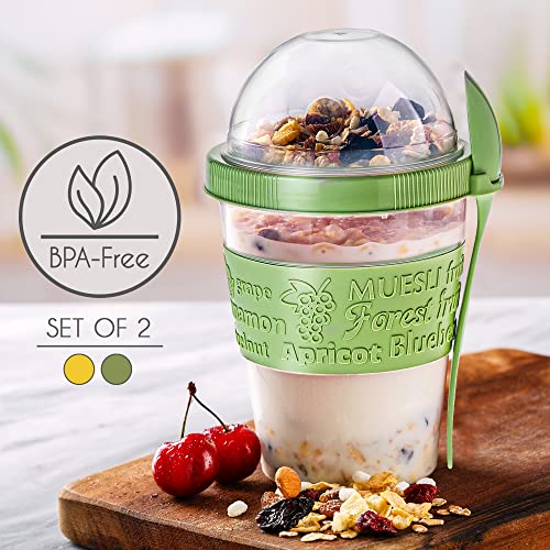 Crystalia Yogurt Parfait Cups for Breakfast, Oatmeal or Fruit Container, Snack Bowl and Spoon for Lunch Box, Portable & Reusable, 2 PCs (Green & Yellow) - Image 2