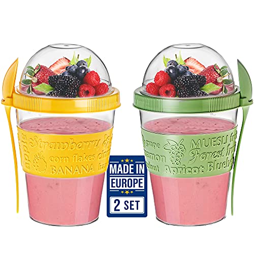 Crystalia Yogurt Parfait Cups for Breakfast, Oatmeal or Fruit Container, Snack Bowl and Spoon for Lunch Box, Portable & Reusable, 2 PCs (Green & Yellow) - Image 1