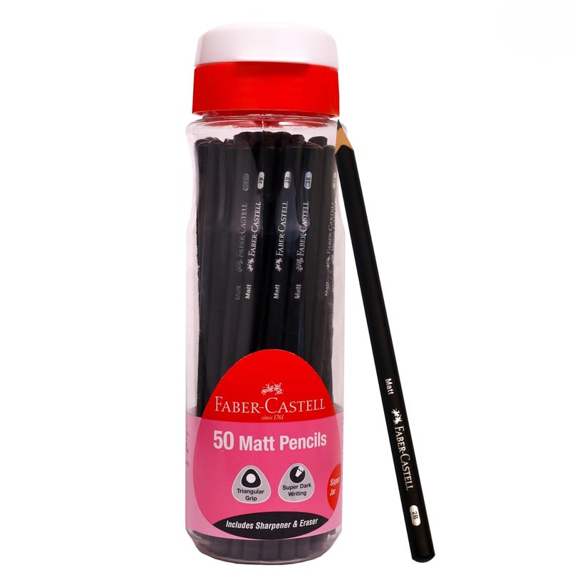 FABER-CASTELL Black Matt Pencils – Pack of 50 with Eraser & Sharpener | HB Writing Pencils in Tube | Eco-Friendly Stationery for School, Home & Office - Image 1