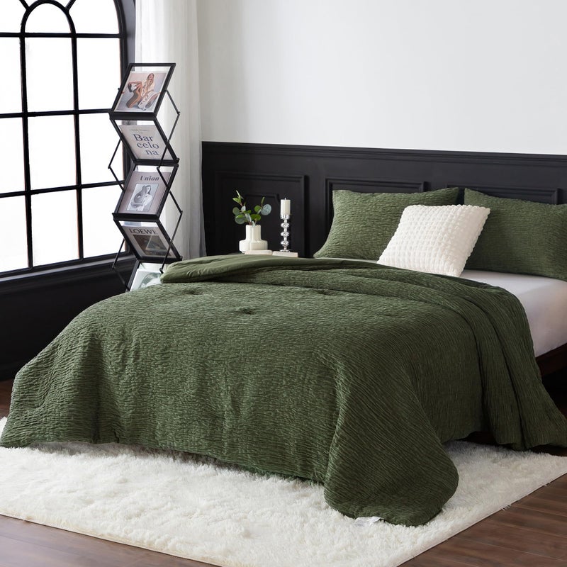 COTTEBED Reversible Chenille Cotton Bedding King Size Comforter Set Luxury Textured Stripe Soft Modern Bed Down Comforter Sham Sets Lightweight All Season Use Dark Olive GreenKingCal King