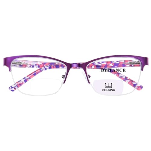 FONHCOO Bifocal Reading Glasses for Women, Metal Spring Hinge Blue Light Blocking Half Frame readers (Purple 2.5) - Image 1