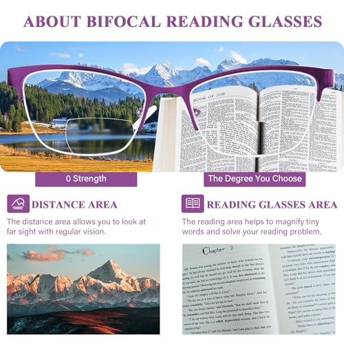 FONHCOO Bifocal Reading Glasses for Women, Metal Spring Hinge Blue Light Blocking Half Frame readers (Purple 2.5) - Image 5