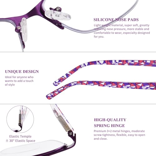 FONHCOO Bifocal Reading Glasses for Women, Metal Spring Hinge Blue Light Blocking Half Frame readers (Purple 2.5) - Image 3