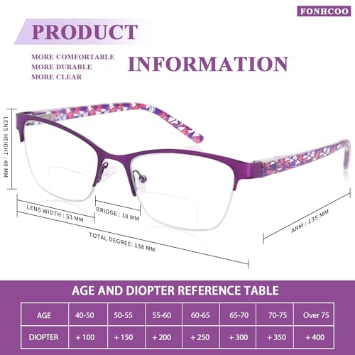 FONHCOO Bifocal Reading Glasses for Women, Metal Spring Hinge Blue Light Blocking Half Frame readers (Purple 2.5) - Image 4