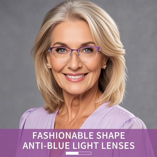 FONHCOO Bifocal Reading Glasses for Women, Metal Spring Hinge Blue Light Blocking Half Frame readers (Purple 2.5) - Image 2