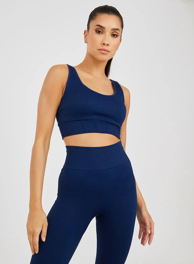 Styli Active Stitch Detail Ribbed Sports Bra and Contoured Back Leggings Set