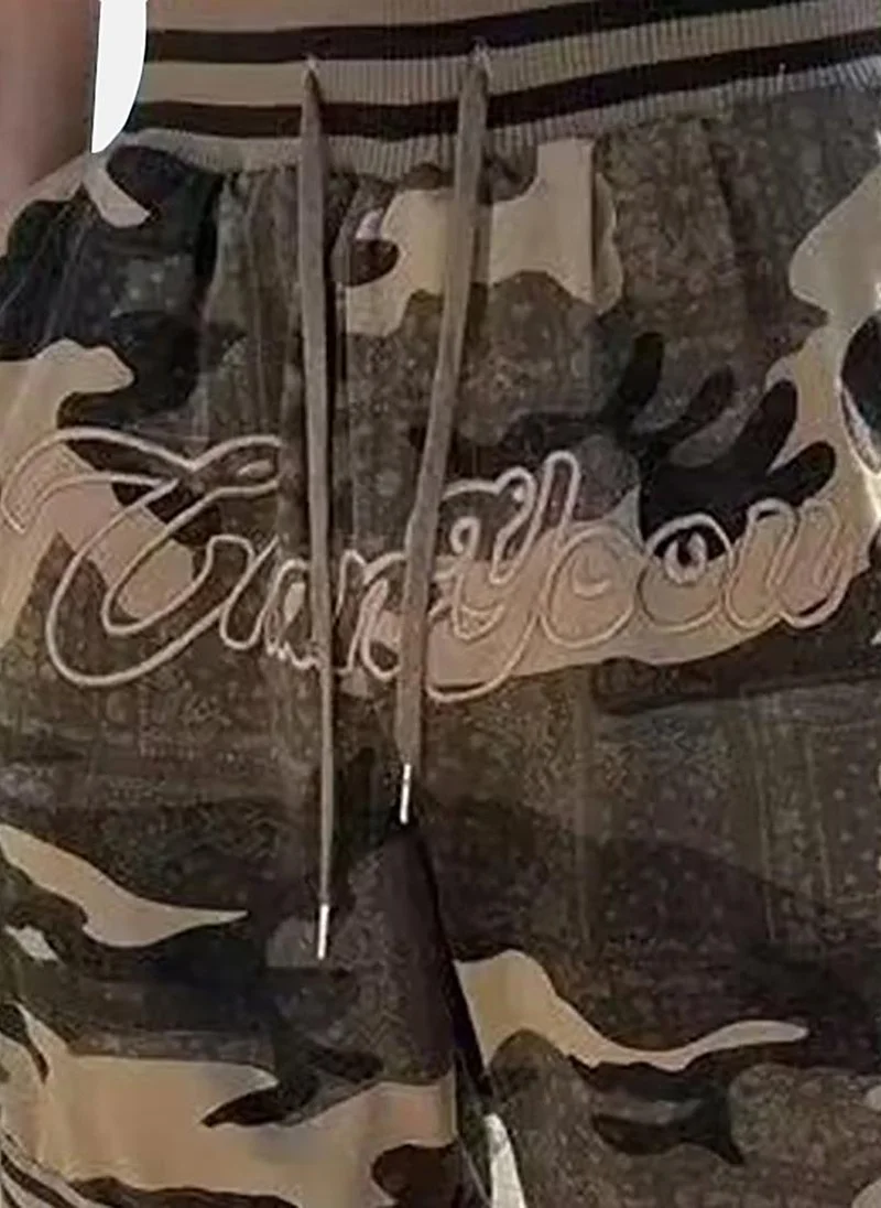 YUNIQEE Olive Mid Rise Camouflage Relaxed Fit Shorts