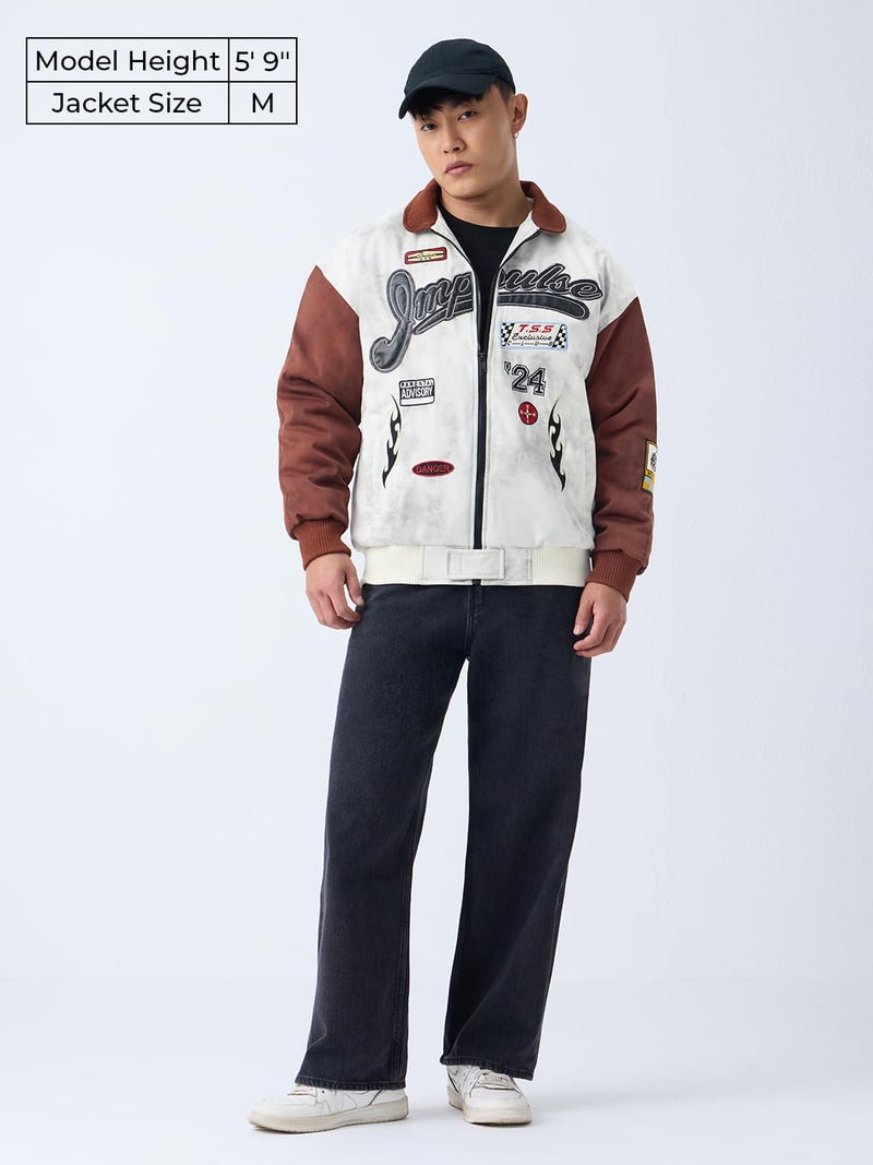 The Souled Store Racer Jacket: Impulse Men and Boys Full Sleeves Spread Collar White Graphic Printed Polyester Regular Fit Lightweight Winter Racer Jacket - Image 2