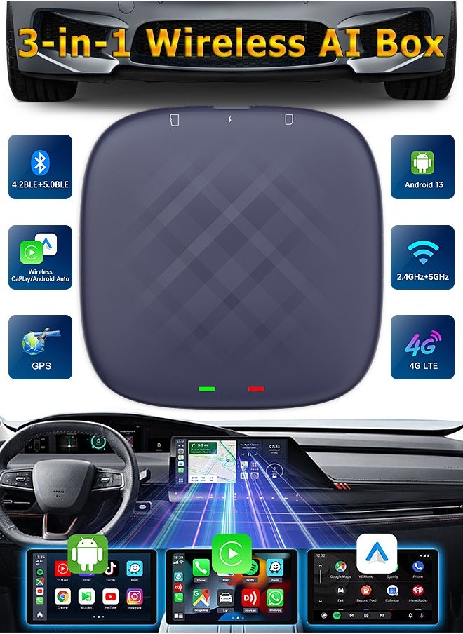 Wireless CarPlay Box - Wireless Android Auto - Car Adapter - 3-in-1 Car AI Box - Built-in GPS, Android 13, Dual-band Wifi, Bluetooth 