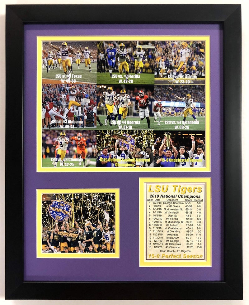 2019 LSU Tigers CFP National Champions Wins Versus Ranked Opponents Perfect Season Framed 12x15 Double Matted Photos