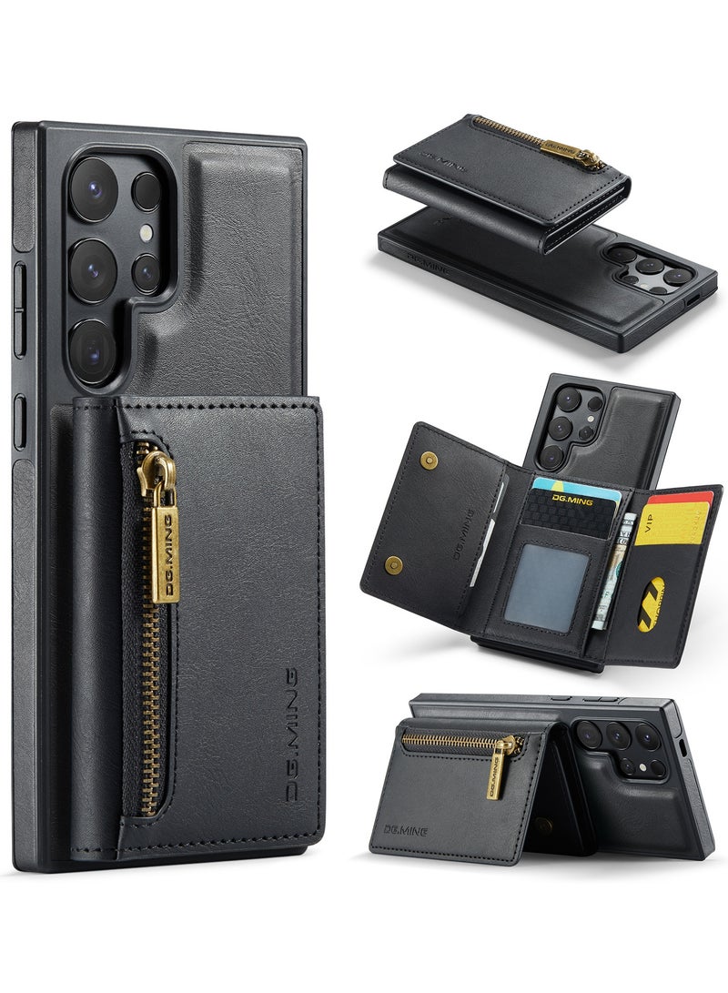 DGMING CaseMe Wallet Case for Samsung Galaxy S25 Ultra DGMING Premium Leather Phone Case Back Cover Magnetic Detachable with Trifold Wallet Card Holder Pocket - Black  - Image 1