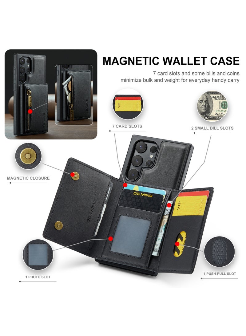 DGMING CaseMe Wallet Case for Samsung Galaxy S25 Ultra DGMING Premium Leather Phone Case Back Cover Magnetic Detachable with Trifold Wallet Card Holder Pocket - Black  - Image 3