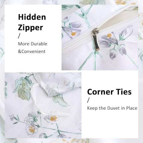 Cozaline 100% Cotton Duvet Cover Set King Size Vintage Chic Style Green Floral Duvet Cover Lightweight Floral Bedding Set with Zipper Closure for All Season, Exquisite, Ultra Soft - Image 4