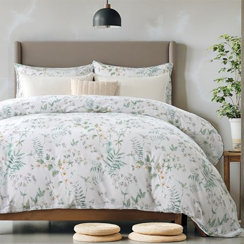 Cozaline 100% Cotton Duvet Cover Set King Size Vintage Chic Style Green Floral Duvet Cover Lightweight Floral Bedding Set with Zipper Closure for All Season, Exquisite, Ultra Soft - Image 1