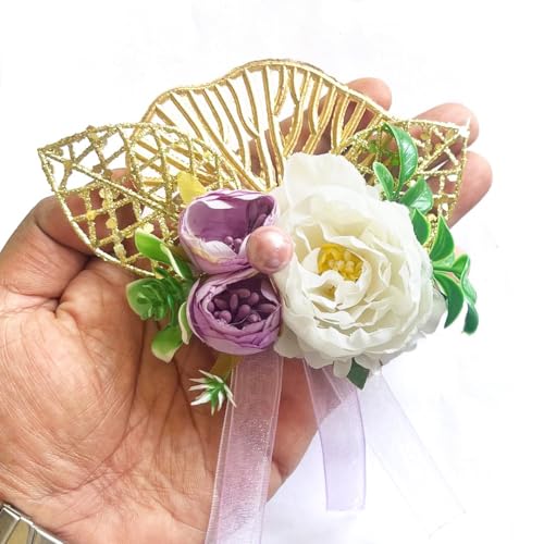 ADIKALA™ Handmade Artificial Mix Peonies Flower with Ginkgo Leave Bunch for Trousseau Packing, Ready to use Flower Brooch Hamper for Decoration, Gift Wrapping Flowers (6, White) - Image 1