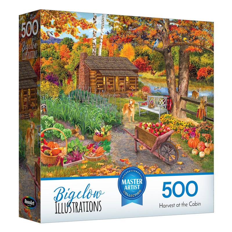 RoseArt Bigelow Illustrations Harvest at The Cabin 500 Piece Jigsaw Puzzle Autumn Scene Puzzle for Adults - Image 2