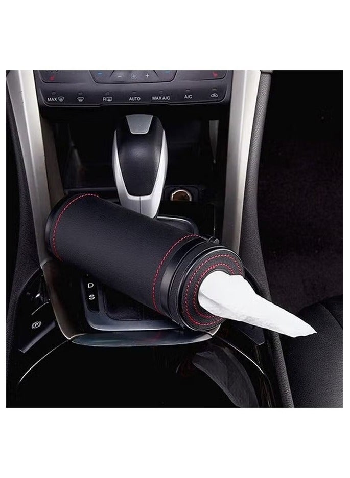 صندوق مناديل السيارة صندوق مناديل أسطواني Pu حاوية مناديل دائرية جلدية لحامل أكواب السيارة - Image 3