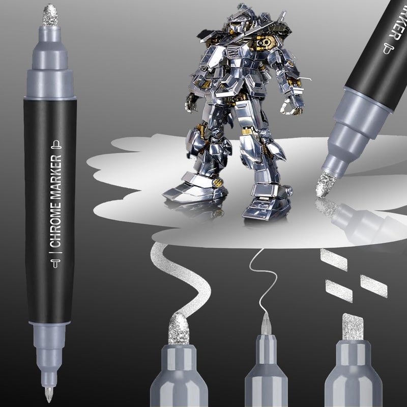 COORIART 1PK Dual Tip Liquid Chrome Marker, Permanent Mirror Chrome Paint Pen for Plastic, Metal, Model Painting, Touch Up & Repair Kit, 2 Tips (0.7mm & 3mm Reversible Tip) - Image 1