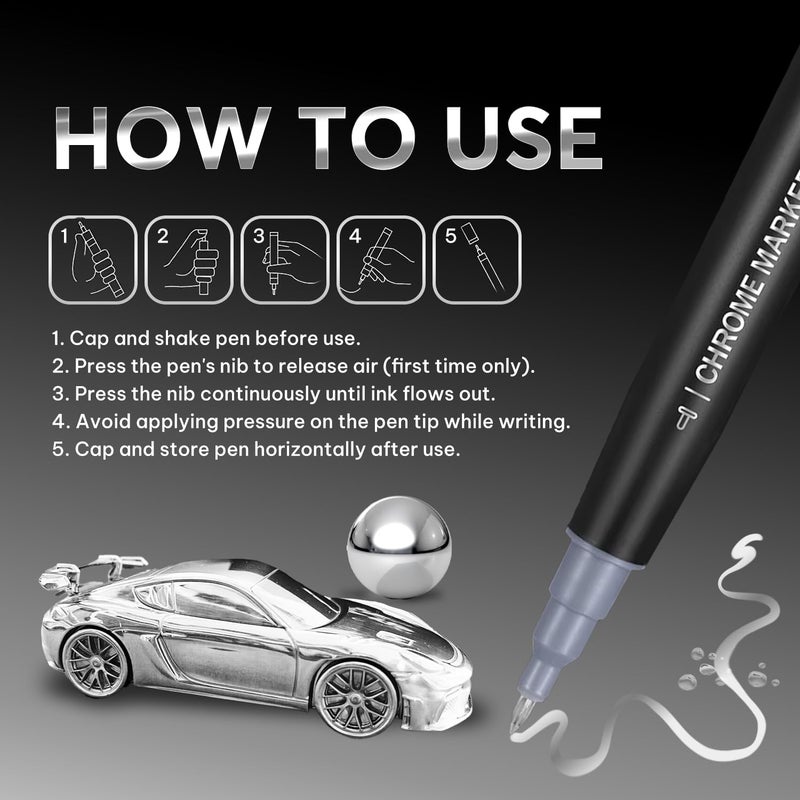 COORIART 1PK Dual Tip Liquid Chrome Marker, Permanent Mirror Chrome Paint Pen for Plastic, Metal, Model Painting, Touch Up & Repair Kit, 2 Tips (0.7mm & 3mm Reversible Tip) - Image 3