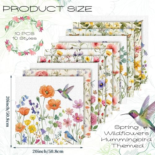 Hahafelt 10 Pcs Summer Wildflower Quilting Square Fabric by The Yard 20 x 20 Inch Floral Hummingbird Fabric Butterfly Fat Quarters Bundles Precuts Patchwork for DIY Sewing Craft Party Decor - Image 3