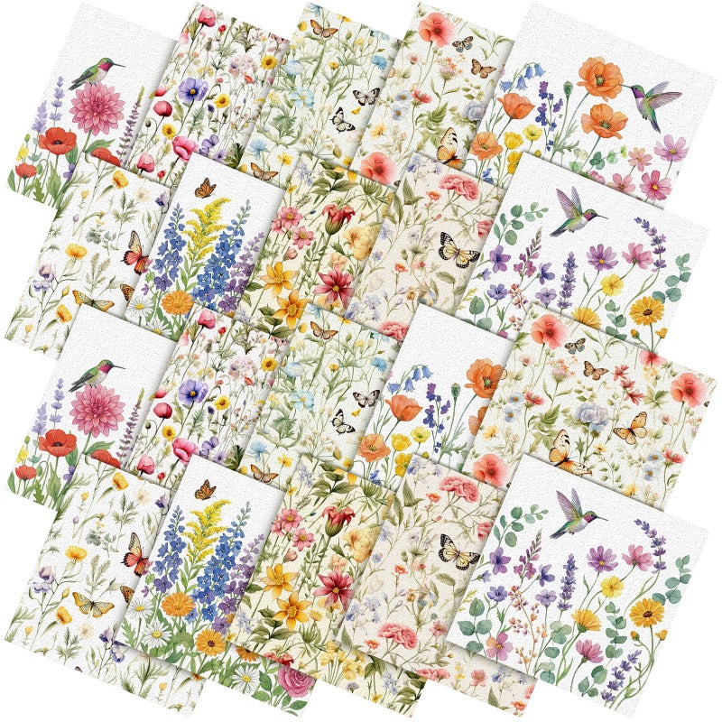 Hahafelt 10 Pcs Summer Wildflower Quilting Square Fabric by The Yard 20 x 20 Inch Floral Hummingbird Fabric Butterfly Fat Quarters Bundles Precuts Patchwork for DIY Sewing Craft Party Decor - Image 2