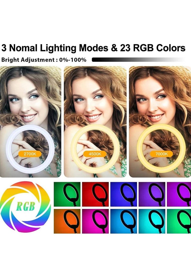 مصباح حلقة RGB مقاس 18 بوصة مع حامل ثلاثي القوائم لكاميرا الهاتف iPad Selfie Live Stream YouTube TikTok Video Shooting أفضل إضاءة في الغلاف الجوي الدائري (18 بوصة) - Image 2